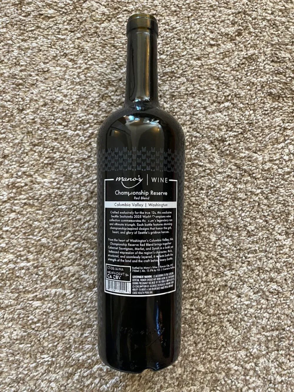 Limited Edition World Champions 2025 Seattle Seahawks Empty Wine Bottle